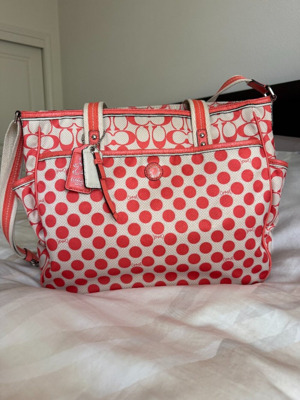 Coach Peyton Coral Orange Polka Dot Diaper Bag Tote - Full Set